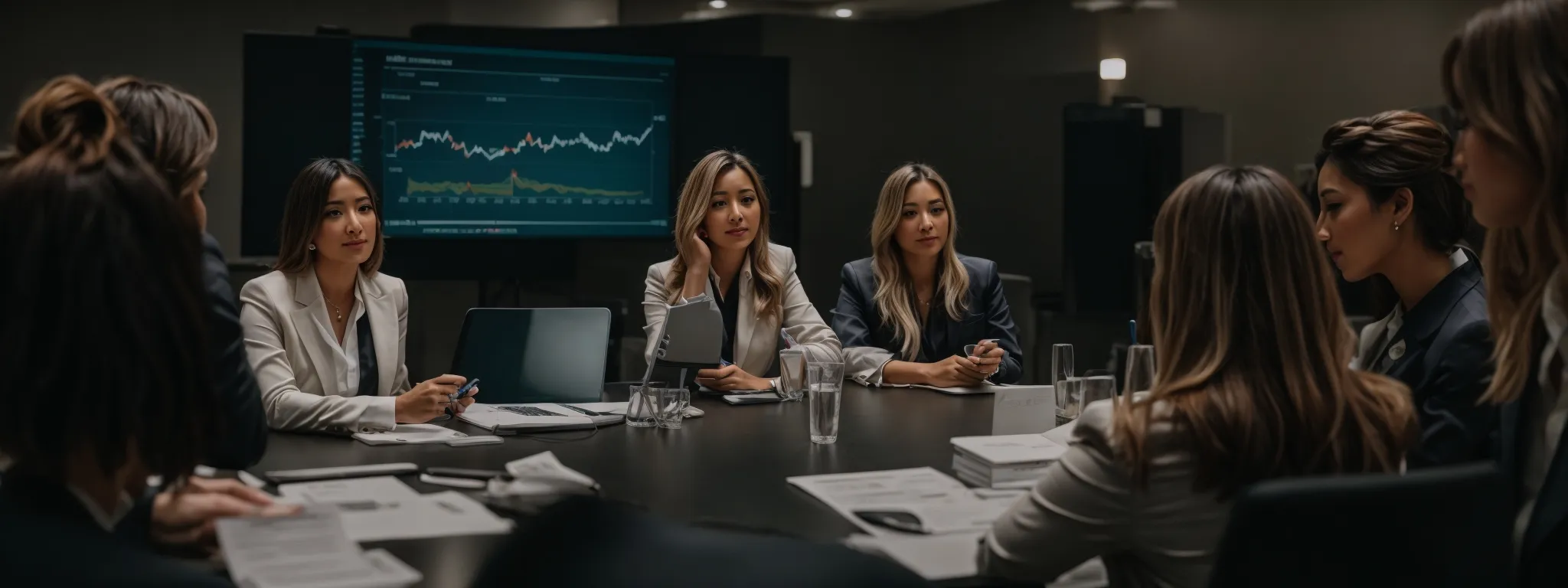 a group of professional women at a digital marketing conference discussing strategies around a large monitor displaying analytical charts.