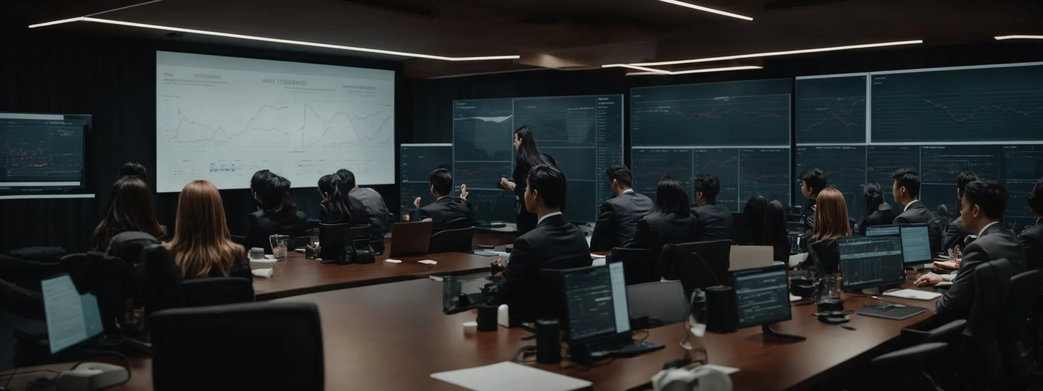 a conference room with a professional team analyzing seo charts on a large monitor.