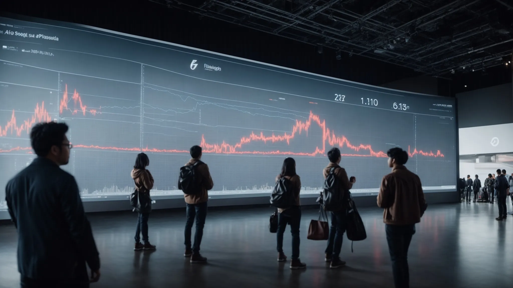 a group of people engaging eagerly around a digital screen displaying a rising analytics graph.