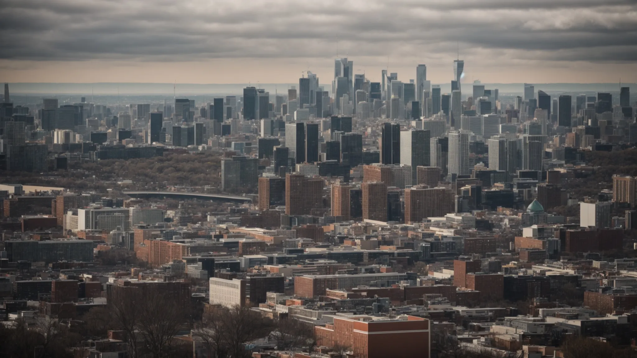 a panoramic view of a city skyline, highlighting diverse businesses and shops.