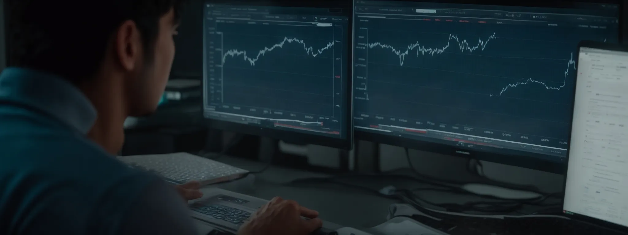 a person analyzing a graph-laden computer screen depicting search engine rankings and seo metrics.