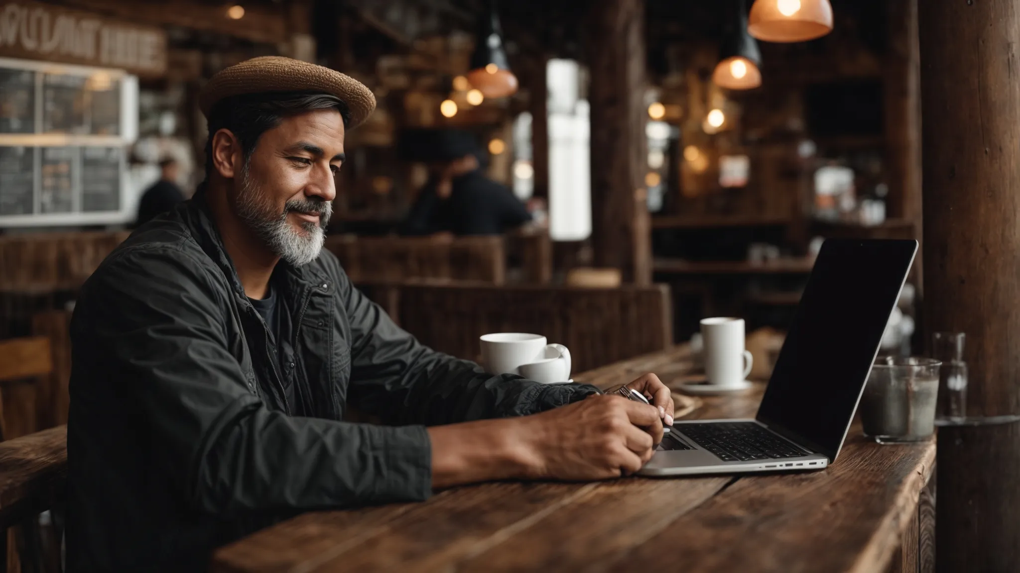 a local café owner optimizes his website on a laptop at a rustic wooden table, surrounded by the cozy ambiance of his establishment.