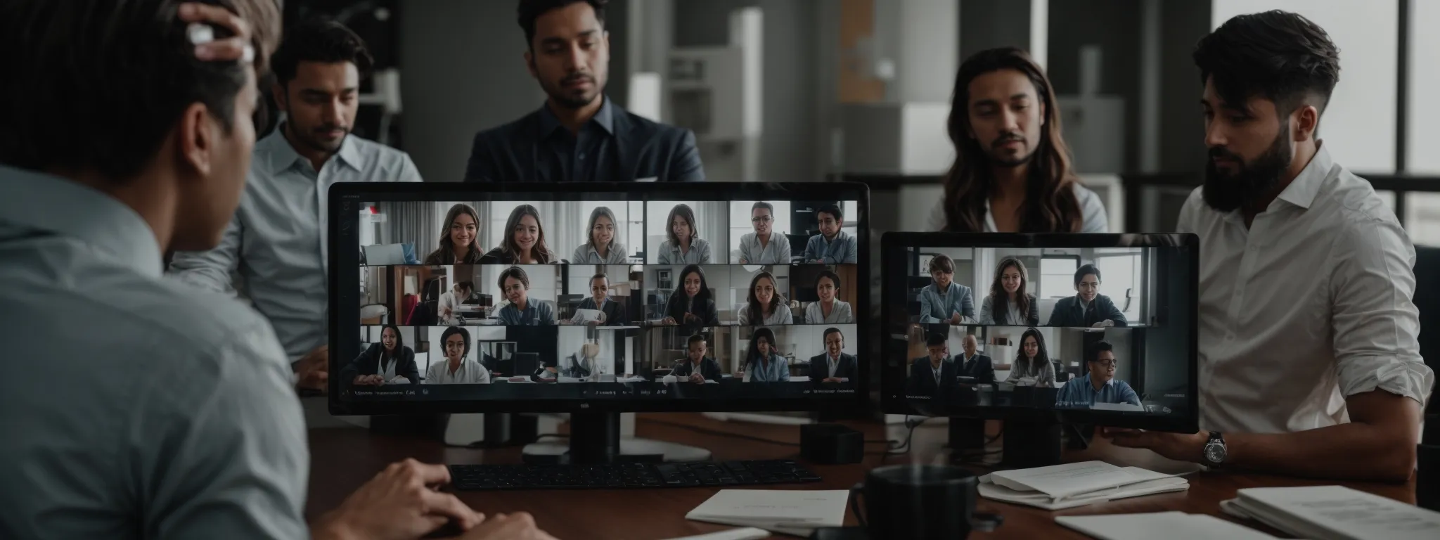 a team video conference with shared digital documents on the screen, symbolizing collaborative remote work through hr software.