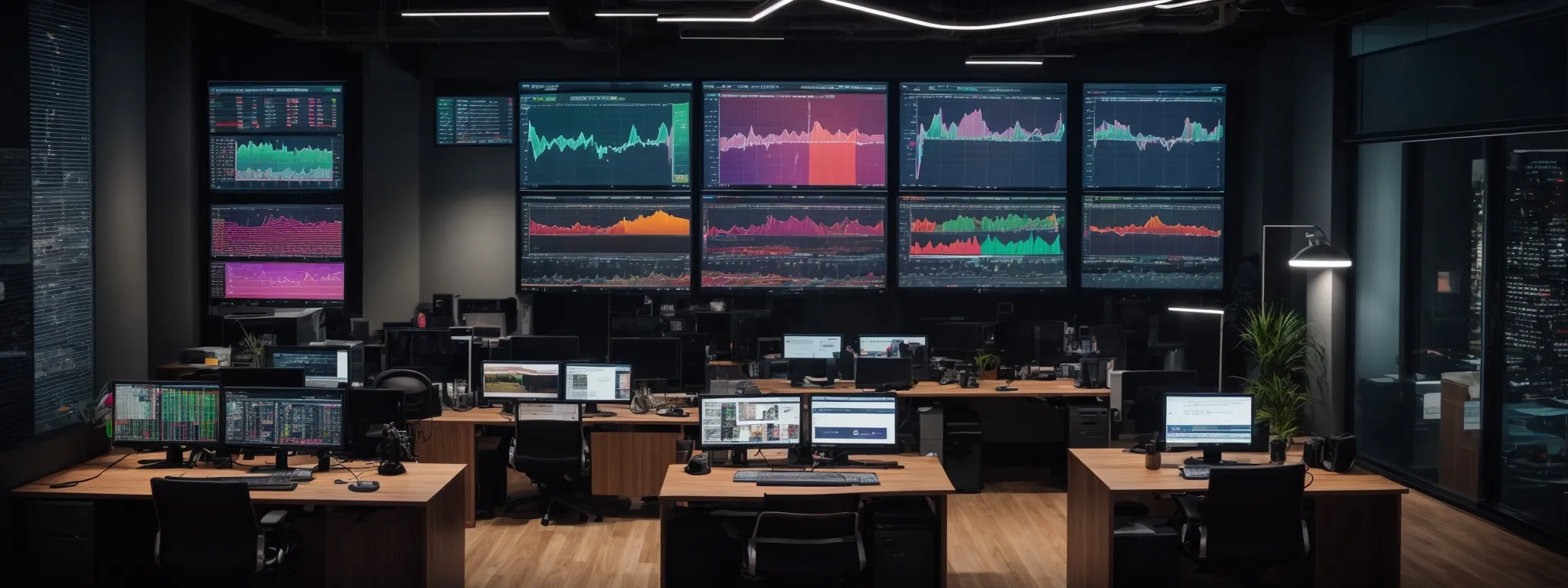 a modern office setup with multiple computer screens displaying colorful graphs and social media analytics.