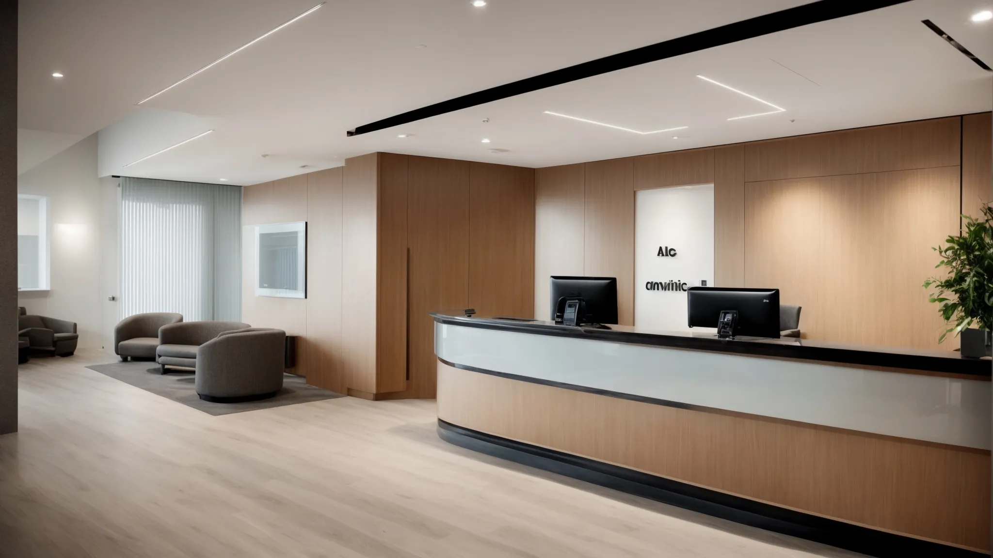 an image of a sleek, modern law office reception area with a clean design and advanced technology visible.
