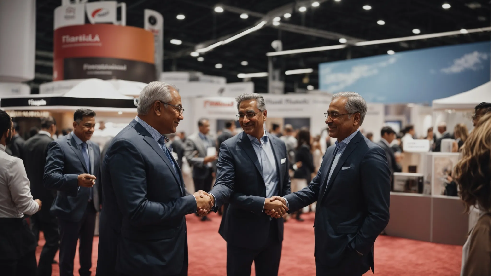 two ceos shaking hands in front of their respective trade show booths while visitors engage with product displays.