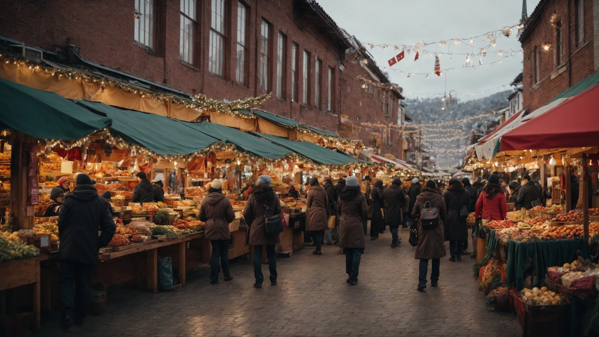 a bustling holiday marketplace with festively decorated storefronts.