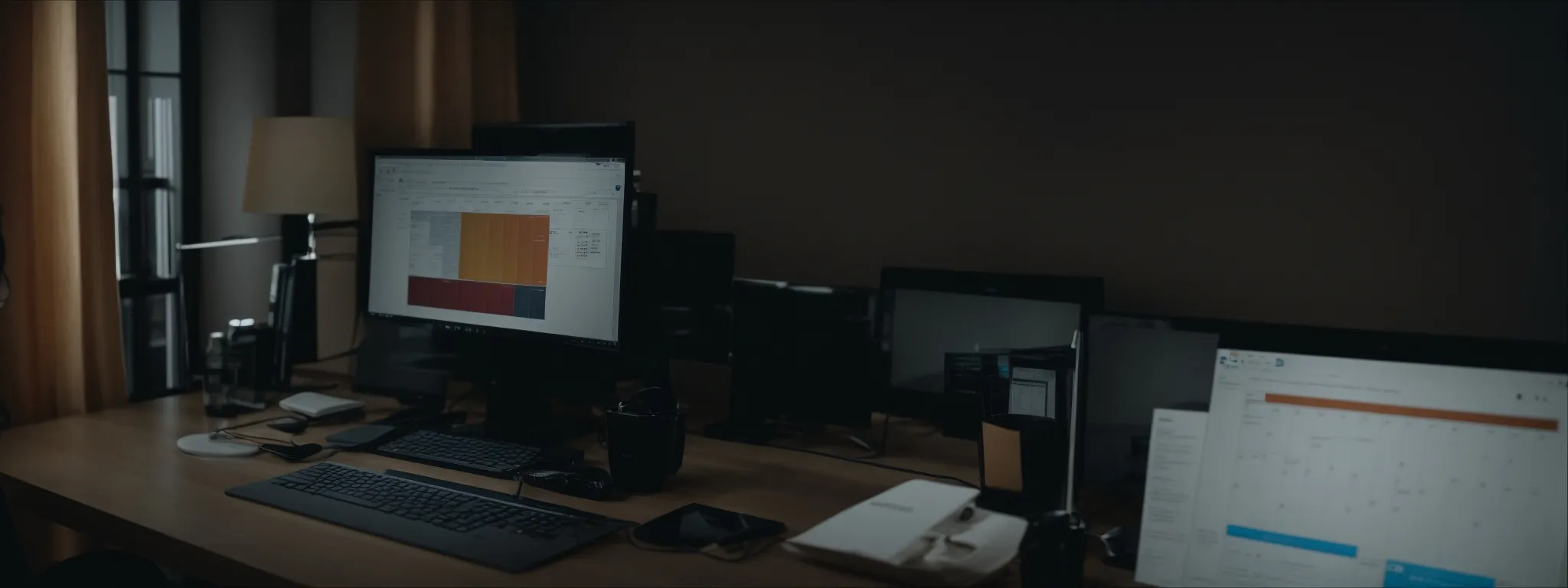 a person sits at a desk with two large computer monitors, one displaying a webinar on seo and the other a calendar with scheduled seminars.