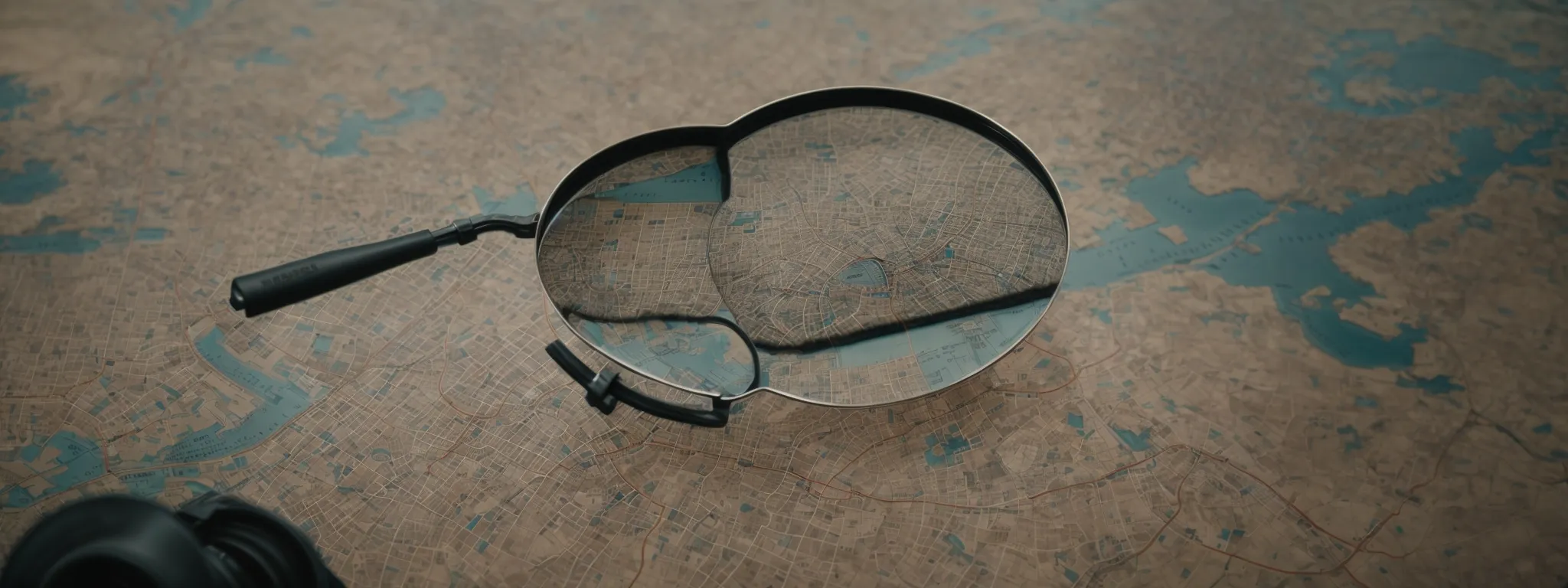 a magnifying glass hovering over a map pinpointing a small town amidst a network of digital connections.
