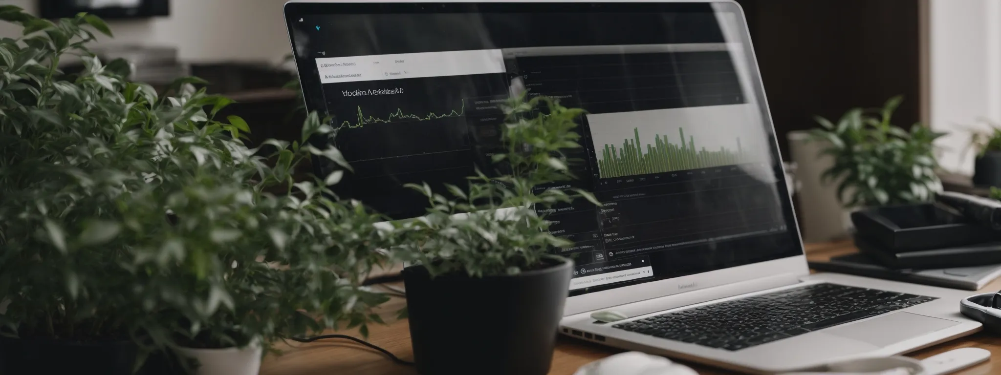a laptop with analytics graphs on the screen next to a magnifying glass and a plant on a desk.
