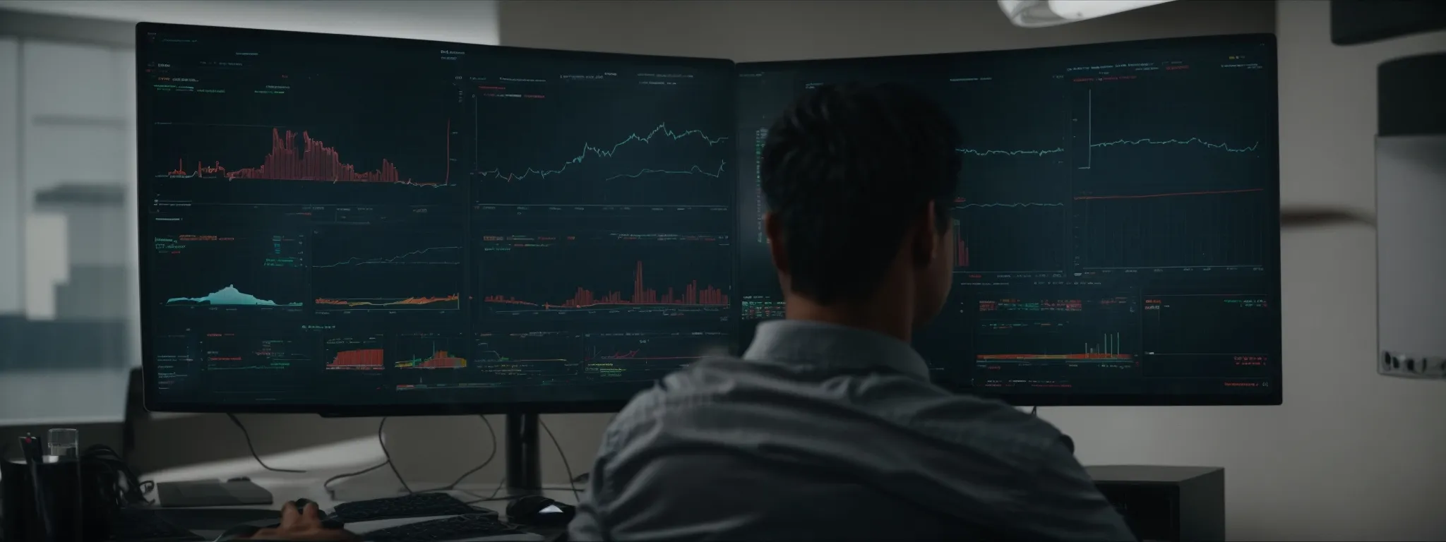 a person sits in front of a large monitor displaying a complex analytics dashboard while adjusting a strategy document on their desk.