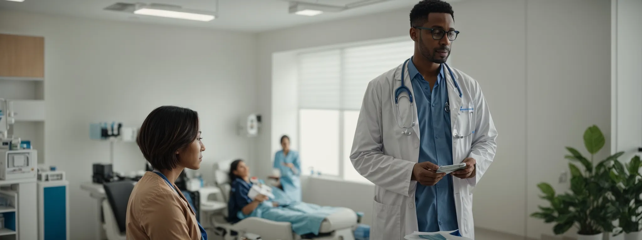 a doctor converses with a patient in a bright, modern clinic, symbolizing a successful pcp-patient relationship at the heart of healthcare marketing.