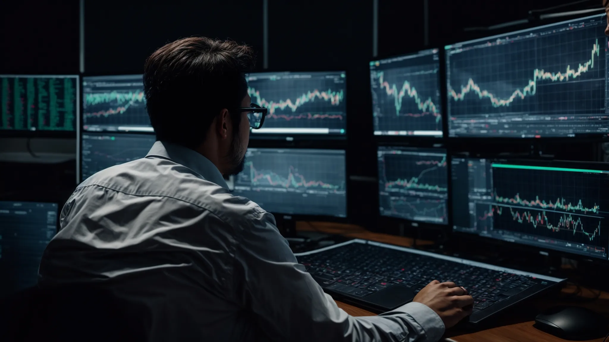 an analyst studies multiple graphs on a computer screen, revealing intricate web traffic patterns.