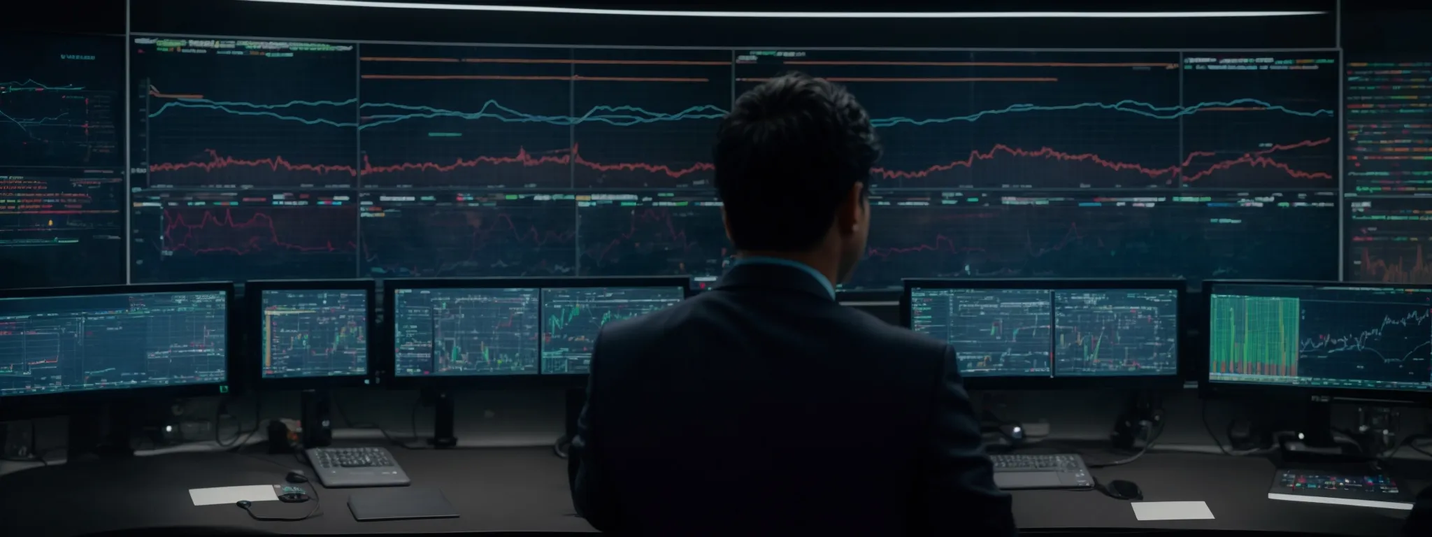 a person in a modern, high-tech control room, overlooking a wall of screens displaying various data visualizations and charts.