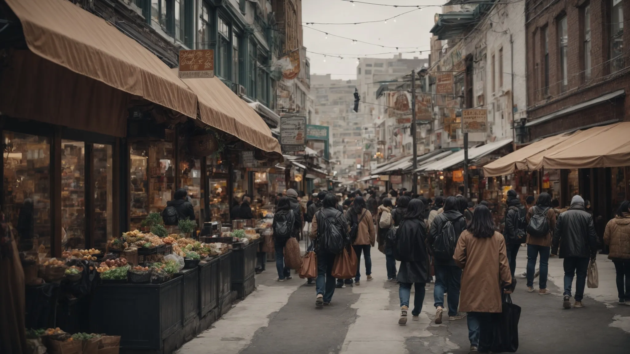 a bustling street within a city showcasing diverse storefronts and local businesses, symbolizing the bustling digital marketplace where local seo determines visibility.