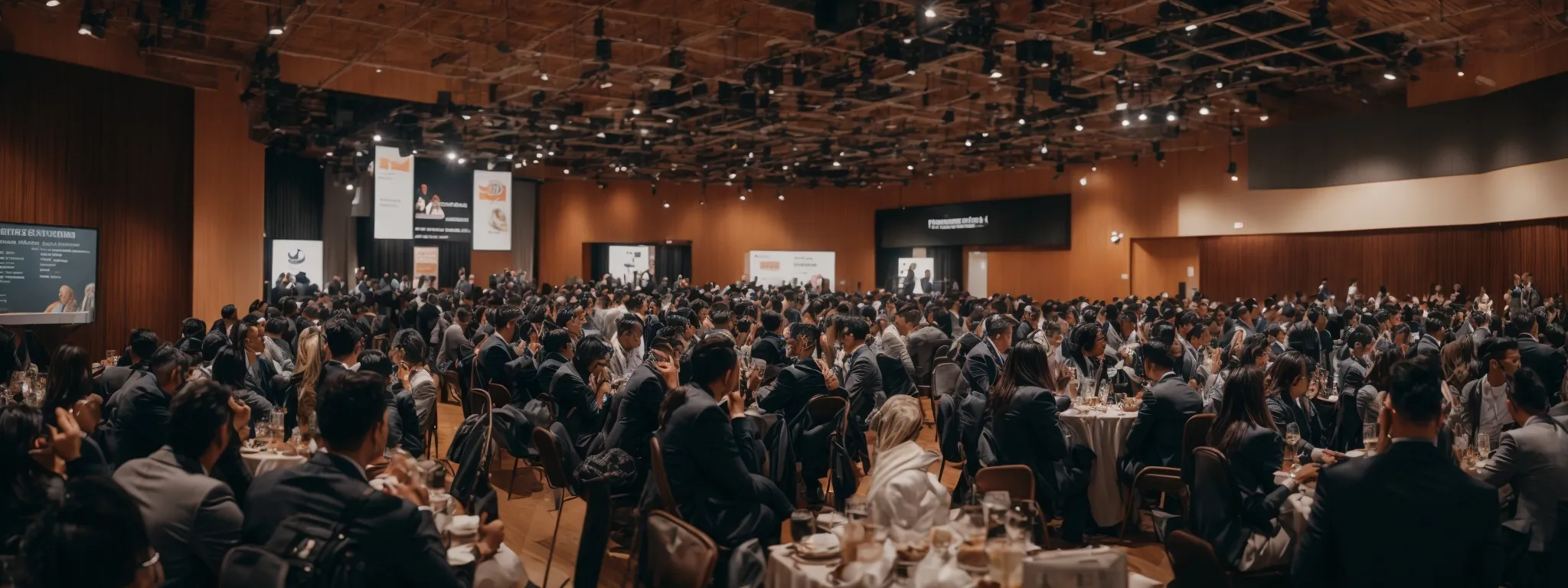 a bustling digital marketing conference with professionals networking and discussing strategies around social media, email campaigns, and influencer partnerships.