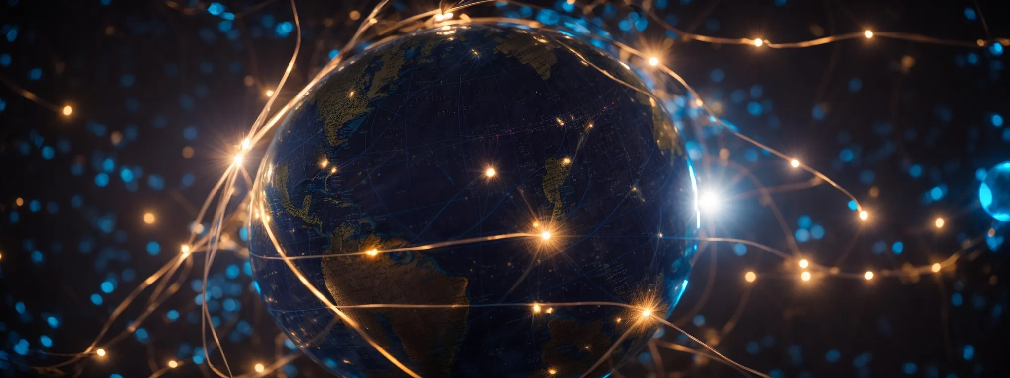 a globe peppered with glowing nodes interconnected by light beams, symbolizing google's extensive global network.