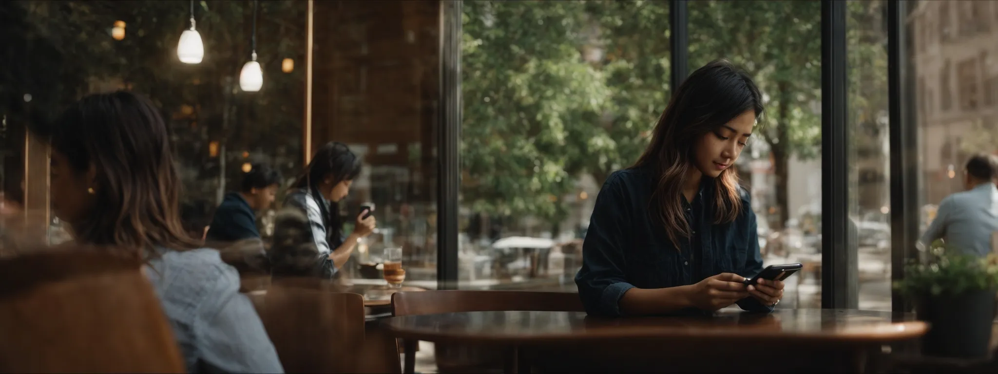 a person sitting at a cafe table, engrossed in browsing on a smartphone, as sunlight streams through the window.