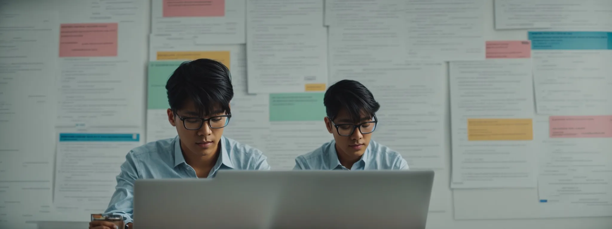 a focused individual typing on a laptop, surrounded by marketing books and a whiteboard with seo strategies.