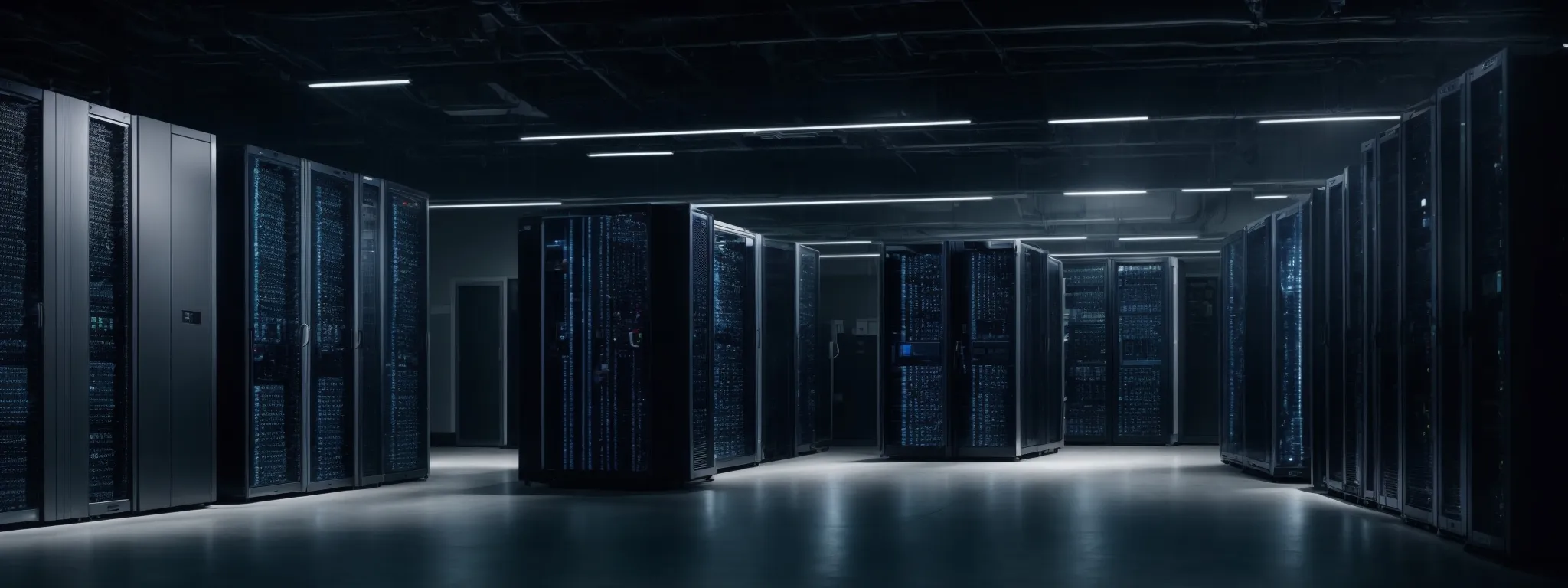 a secure data center with rows of servers and a digital lock system in operation.