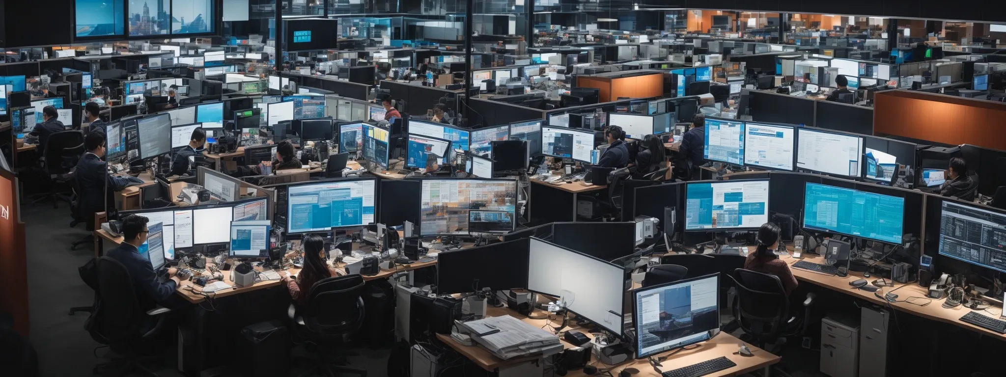 a high-angle view of a busy digital marketing office with multiple screens displaying vibrant social media analytics charts.