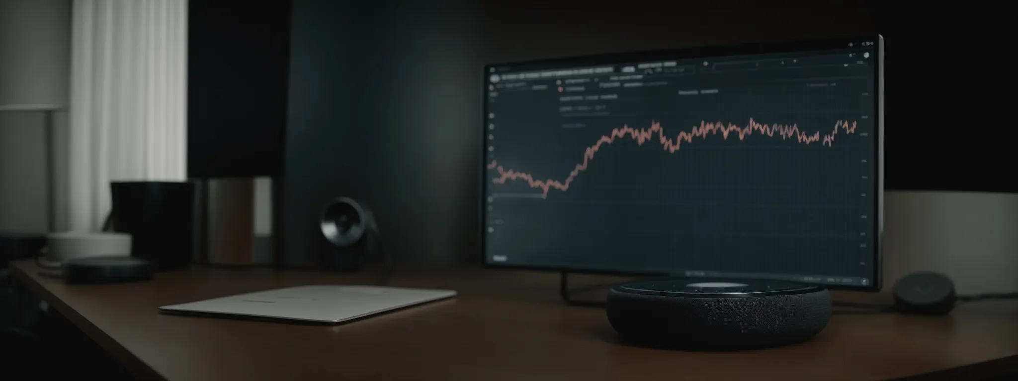 a person speaking into a smart speaker on a desk, with the screen displaying a dynamic graph indicating search engine rankings.