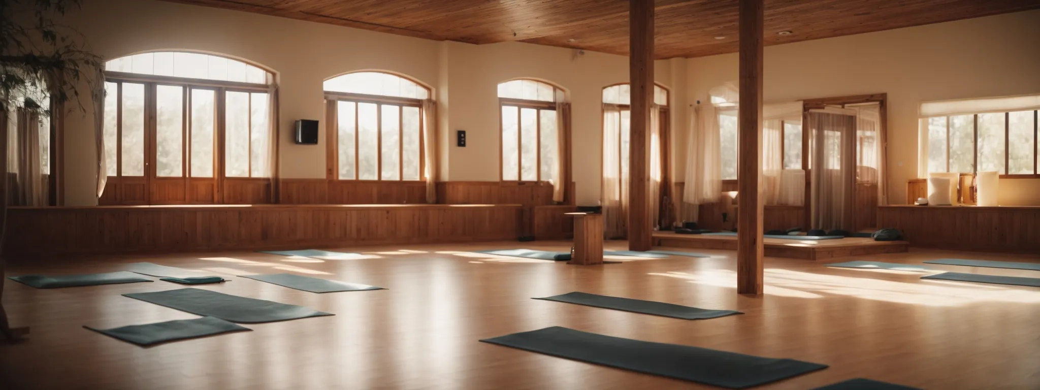 a serene yoga studio with sunlight streaming onto empty mats awaiting practitioners.