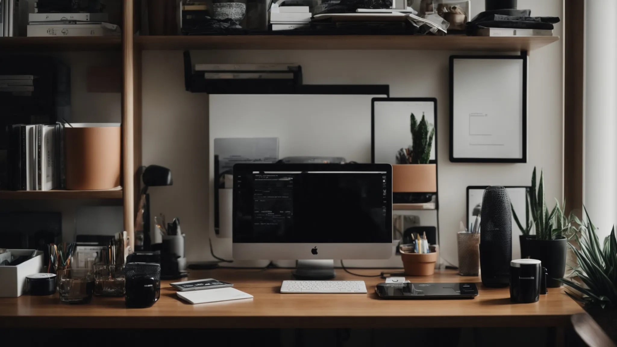 a person sits in a modern home office, intently browsing on a sleek computer screen, surrounded by organized, minimalistic desk accessories.