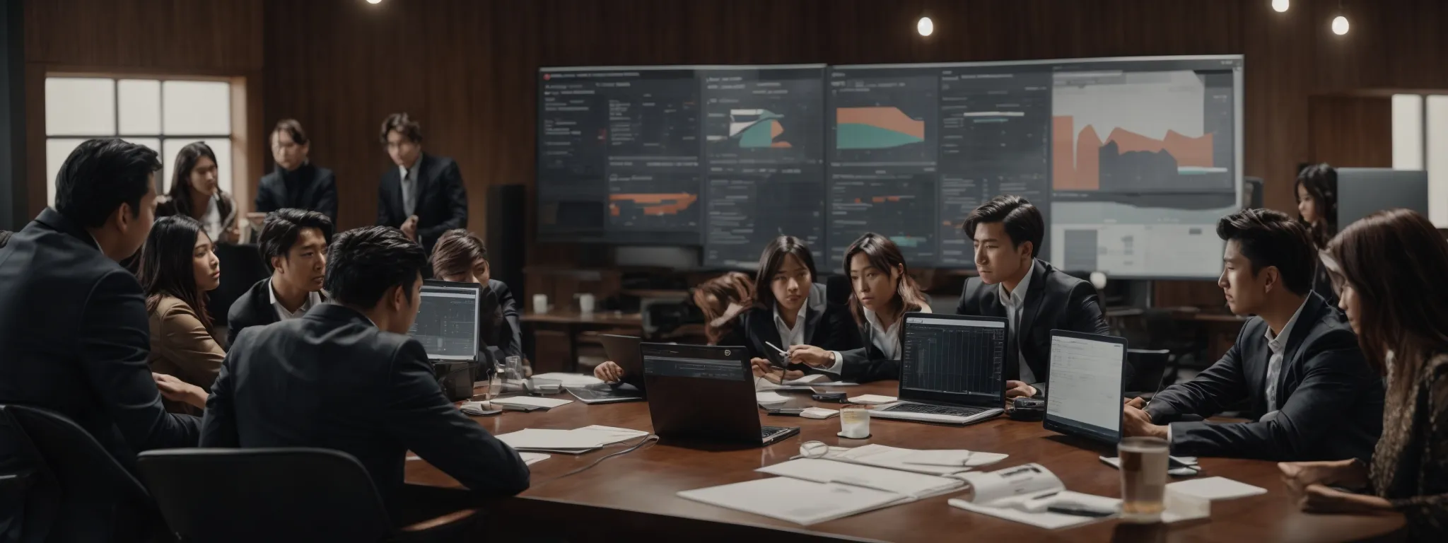 a team actively engages in a strategy session around a large table equipped with computers and marketing reports under a bold infographic titled 