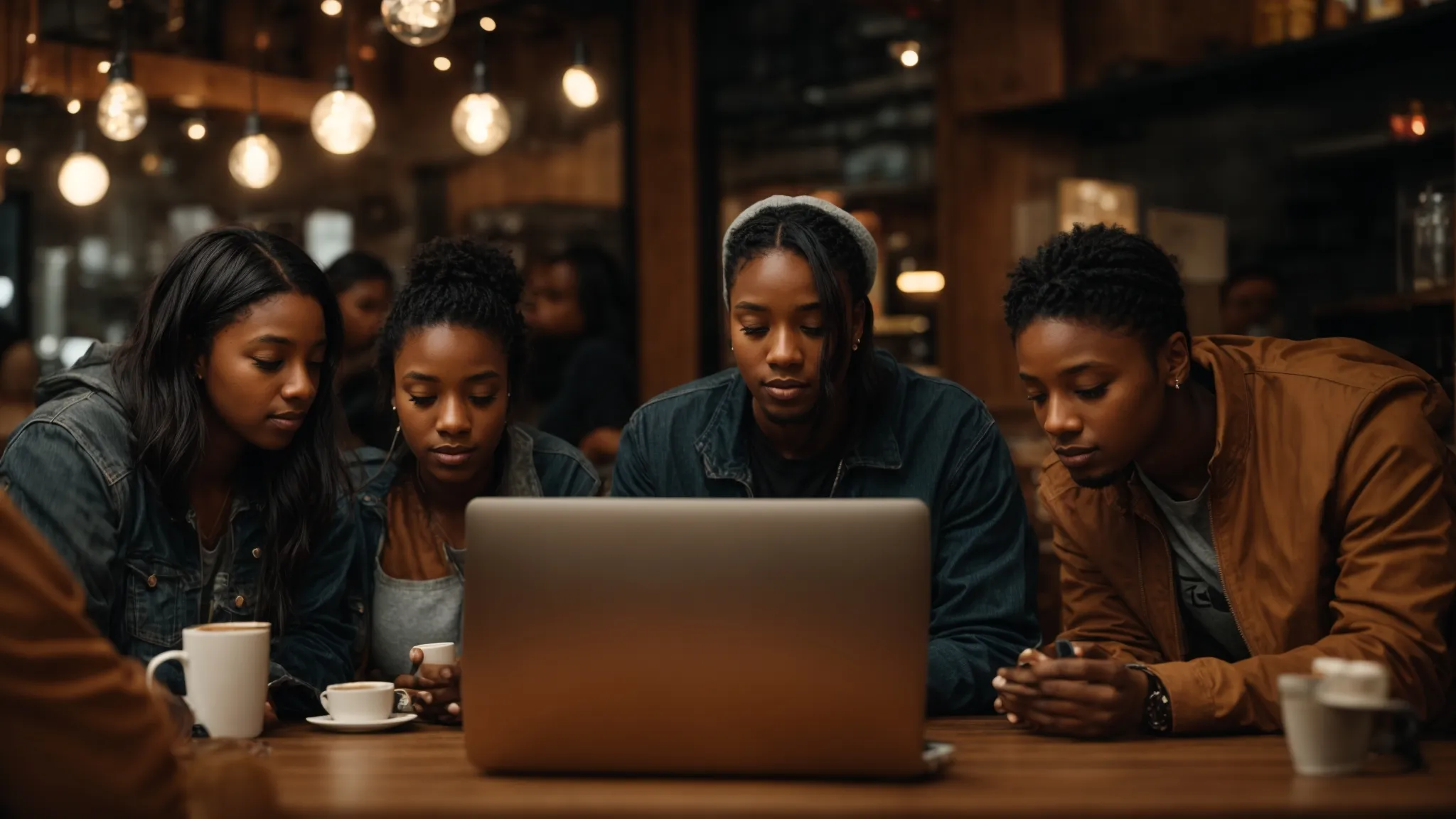 a diverse group of content creators gather around a laptop in a cozy cafe, strategizing for local brand collaboration.