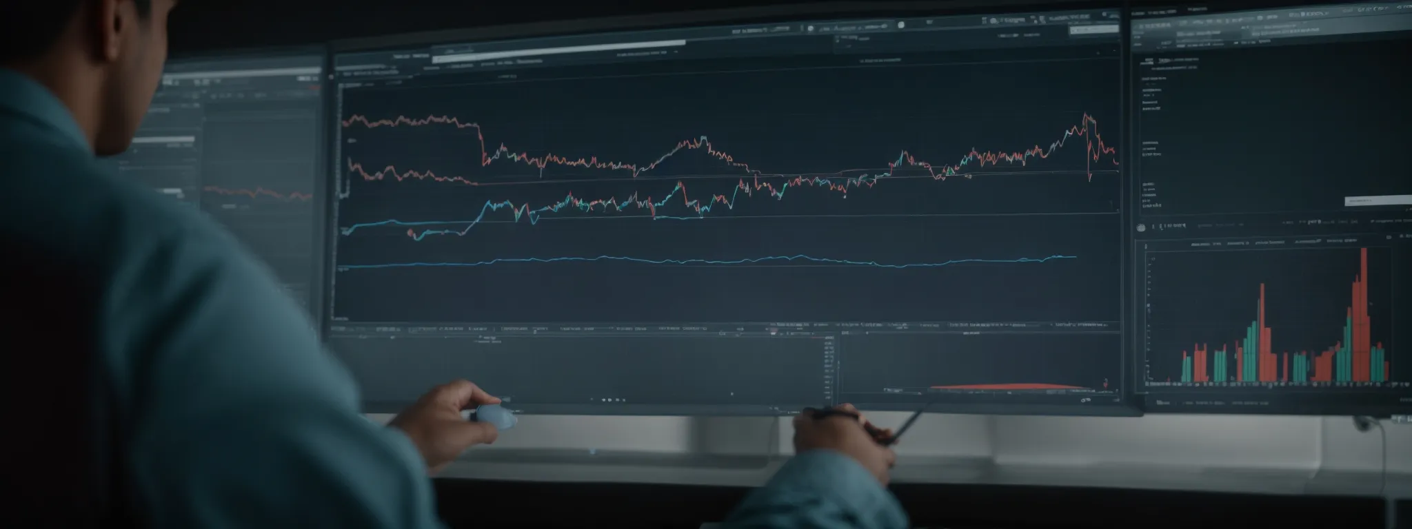 a person analyzing graphs and data on a computer screen reflecting website analytics.