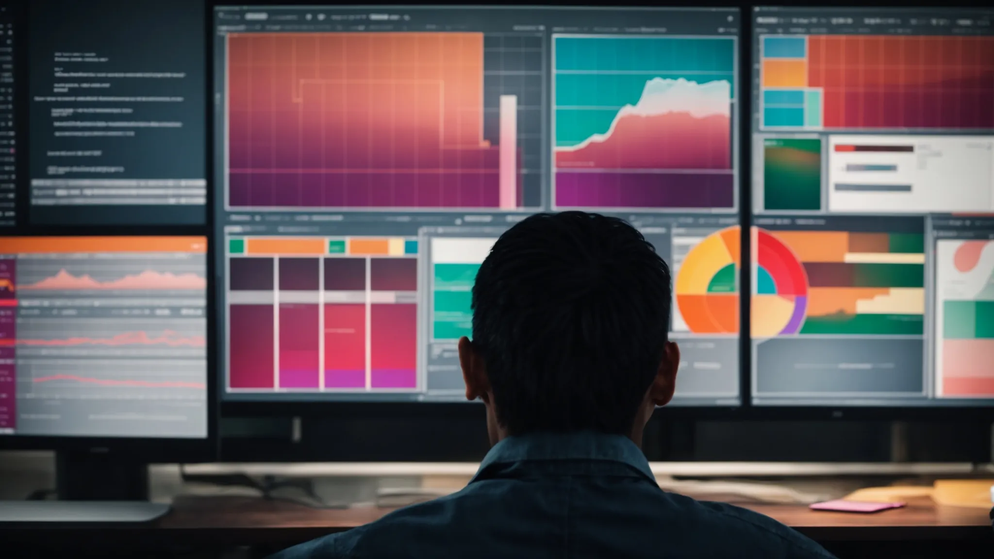 a person scrutinizes colorful pie charts and bar graphs on a computer screen, reflecting website analytics.