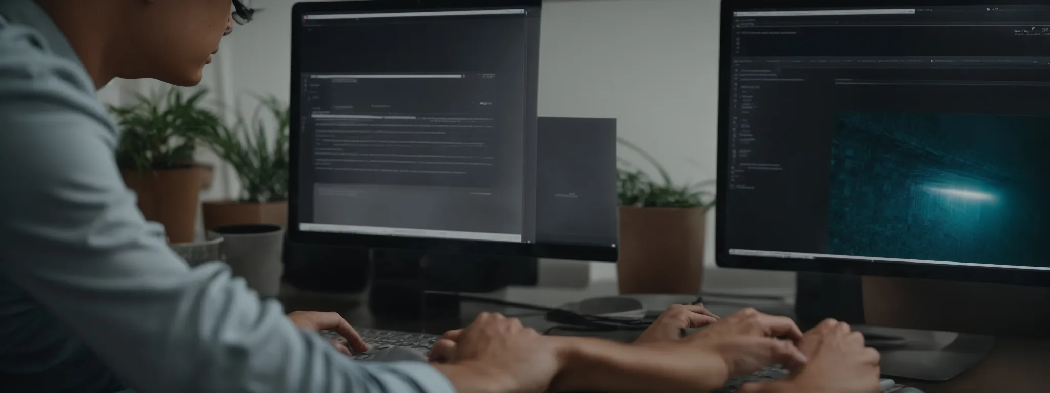 a web designer attentively examining a computer screen displaying a website mock-up with a clear and intuitive interface.