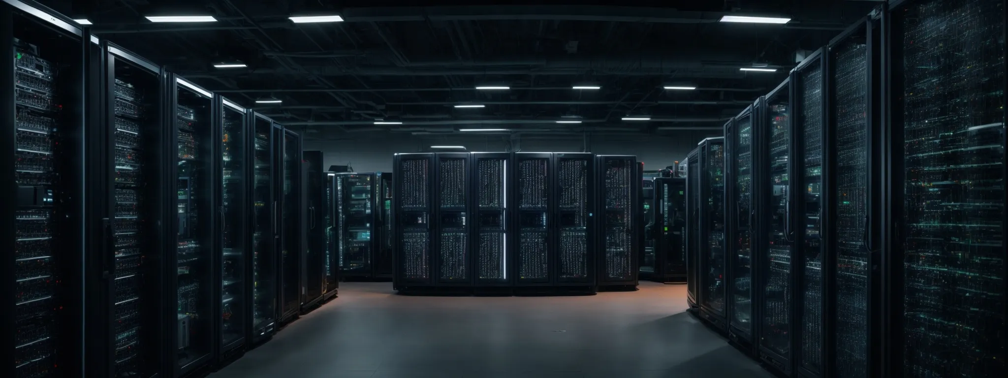 a panoramic view of a server room with rows of high-tech equipment symbolizing the power of search engine databases.