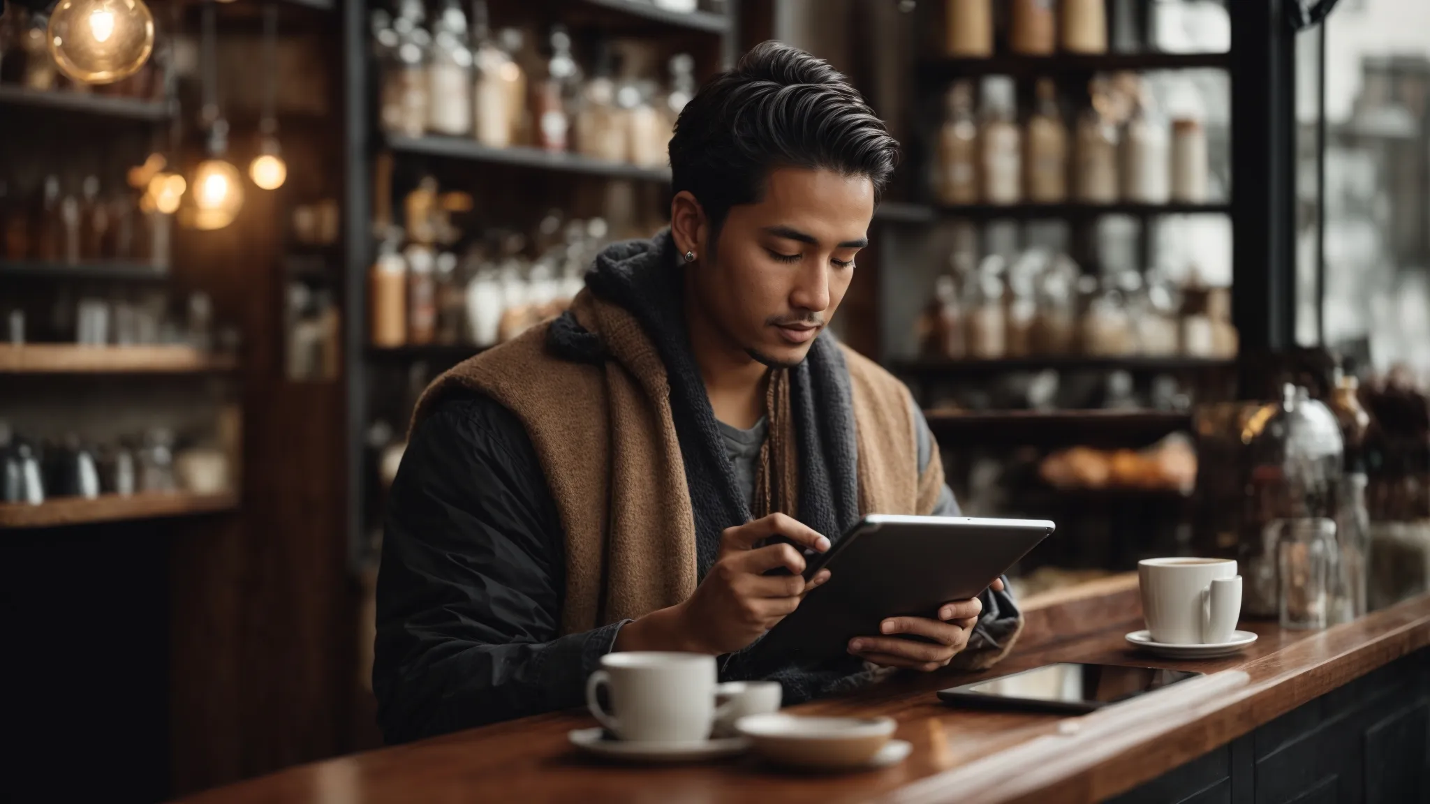 a shop owner updates their digital business profile on a tablet inside a cozy, well-lit café.
