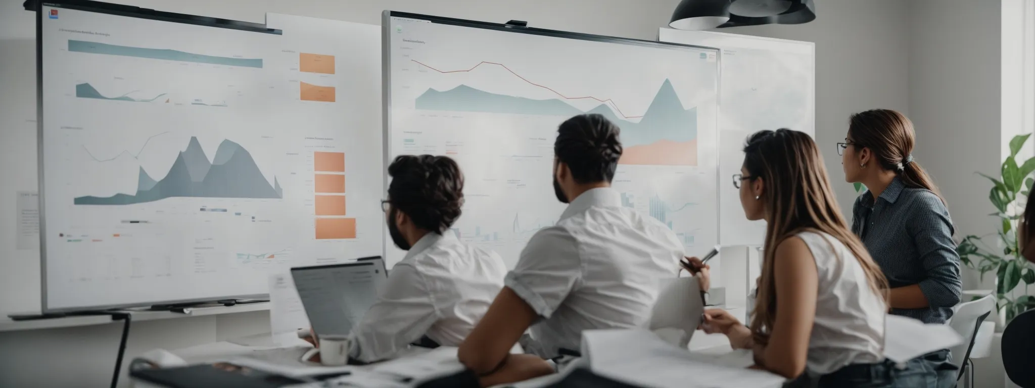 a marketing team analyzes graphs and charts on a whiteboard to segment their audience for a precise seo strategy.