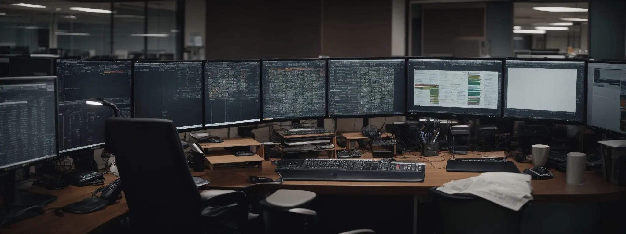 a person working diligently on a computer in an organized office setup with dual monitors displaying data analysis software.