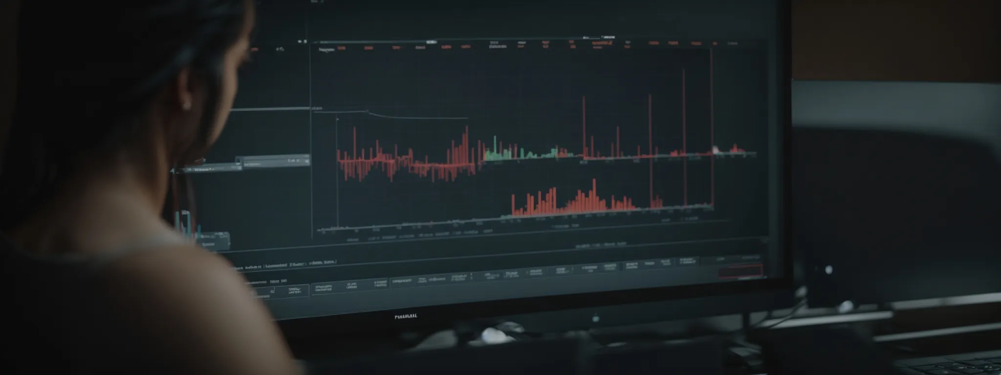 a close-up view of a person analyzing data graphs on a computer screen displaying website performance metrics.