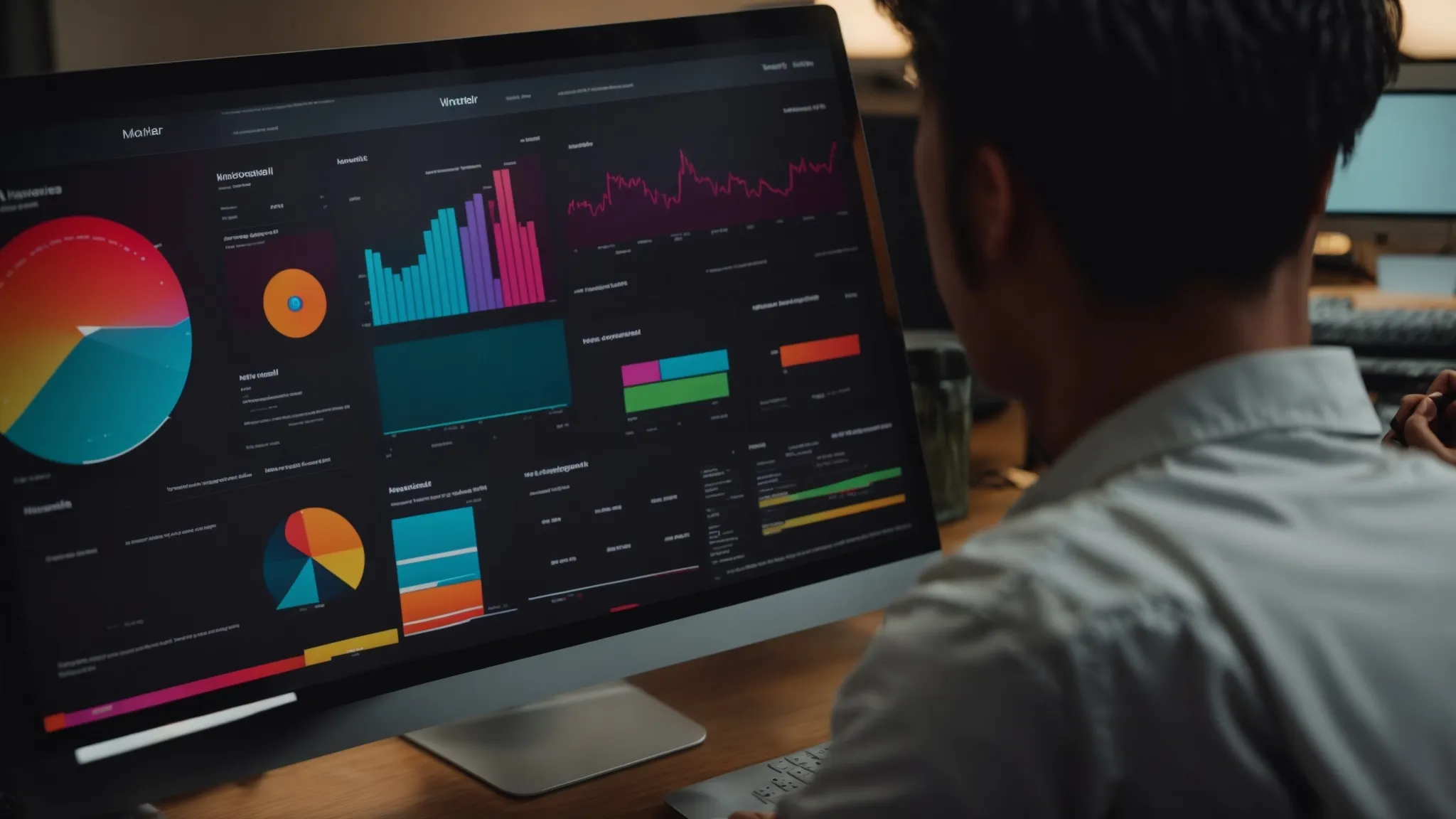 a marketer evaluates a colorful analytics dashboard on a computer screen, strategizing for keyword optimization within their content.