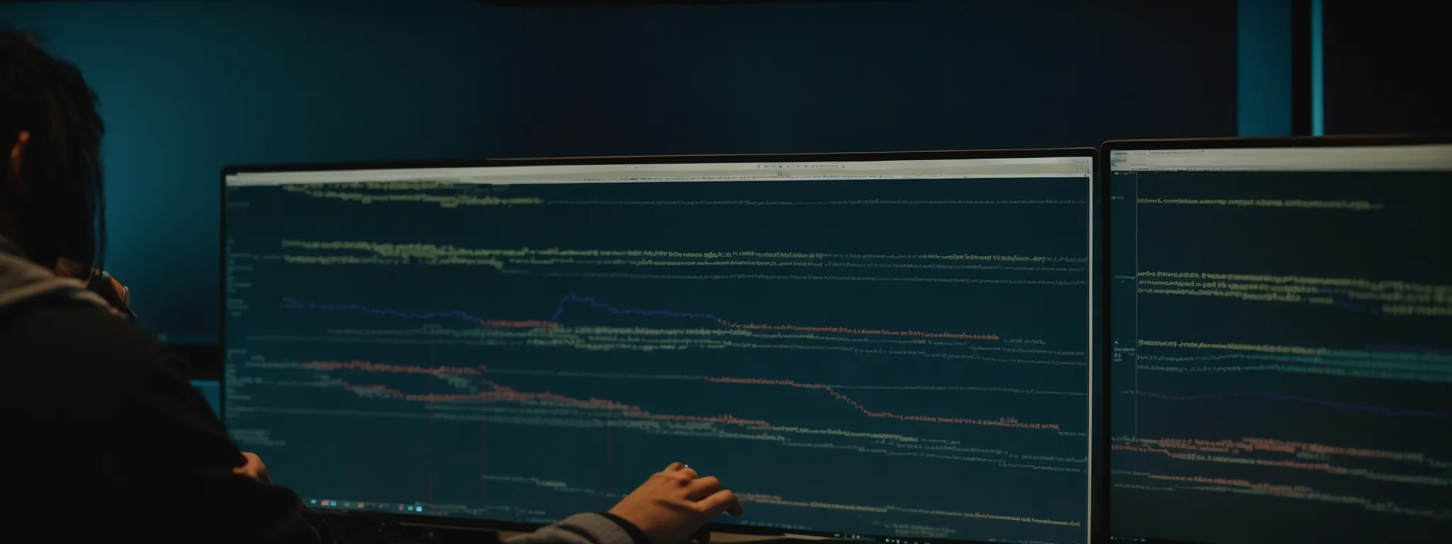 a web developer scrutinizes lines of code on a computer screen to enhance a website's loading speed and performance.