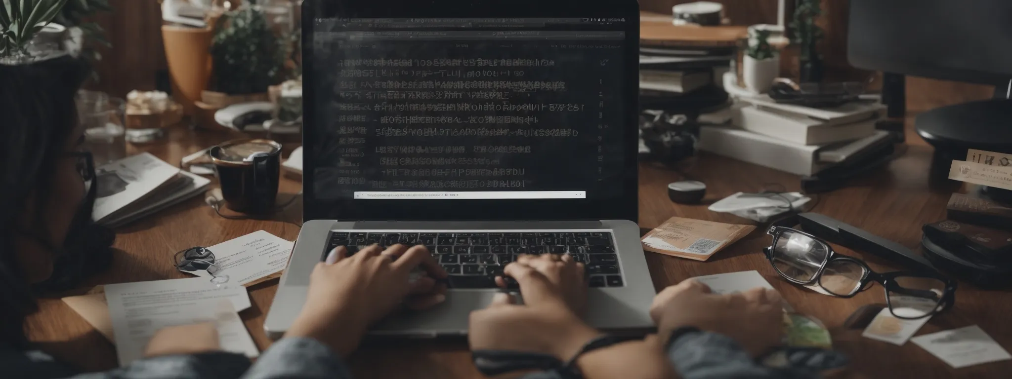 a person typing on a laptop with a search engine on the screen, surrounded by conceptual icons representing tags and categories floating above the keyboard.