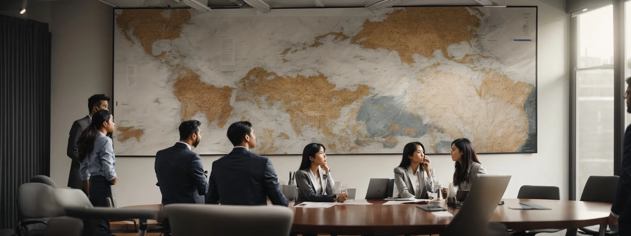 a team of professionals gathers around a conference table, engaged in a strategic discussion under a large, abstract infographic on the wall.