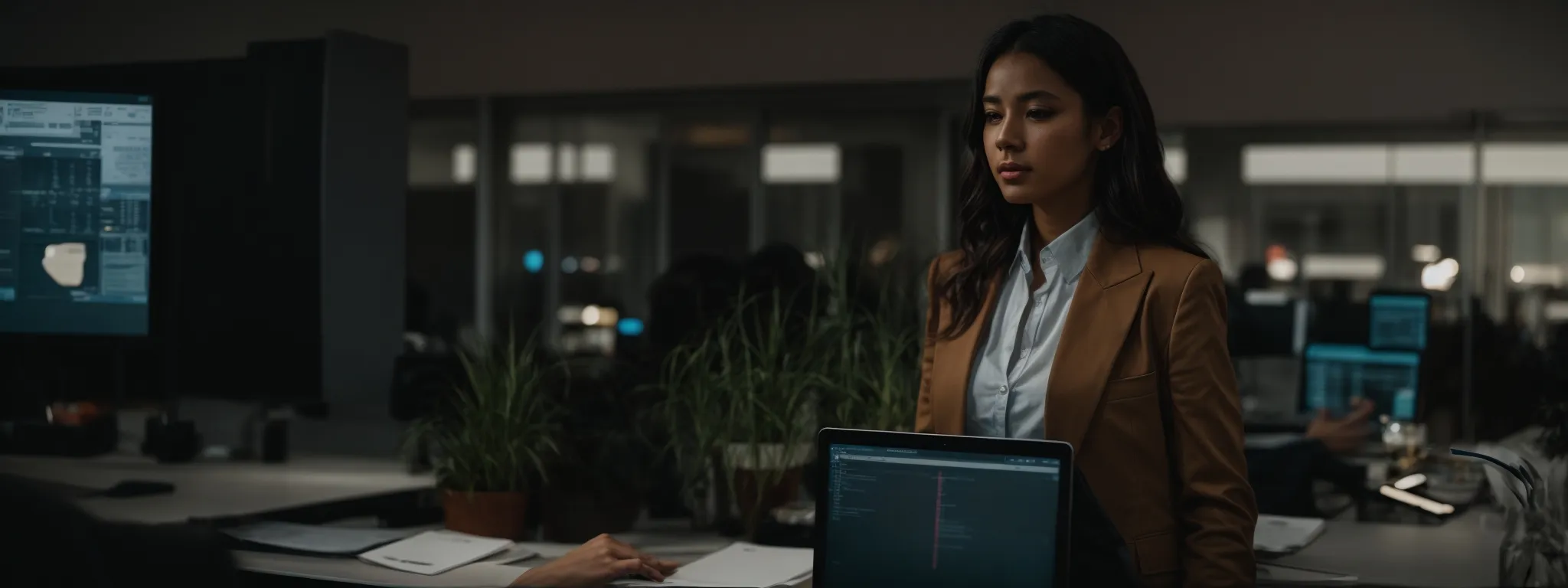 a woman standing confidently with a laptop in a modern, well-lit office, analyzing data on the screen.