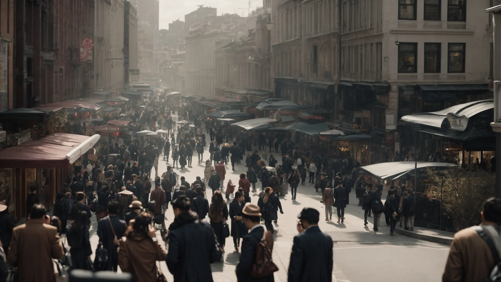 a bustling cityscape with people intently using their smartphones while walking.