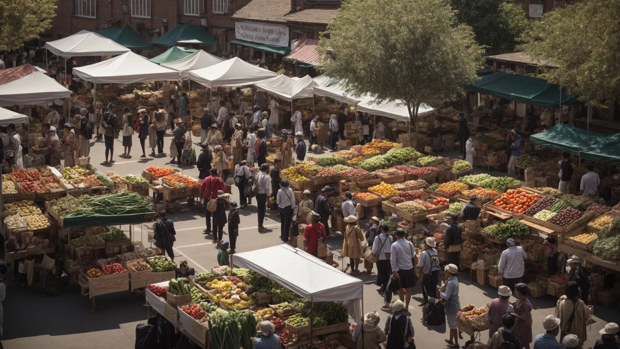 a bustling farmers' market with an array of produce stalls under a clear sky, showcasing diverse local products to community visitors.