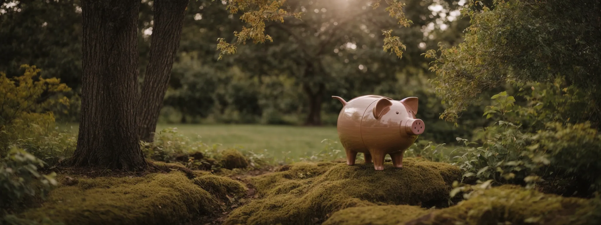 a worn piggy bank sits beside a flourishing tree to symbolize long-term growth against immediate expenditure.