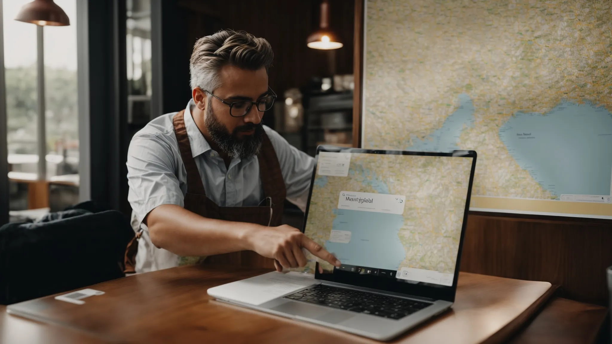 a business owner pointing at a laptop screen displaying a map with location markers.