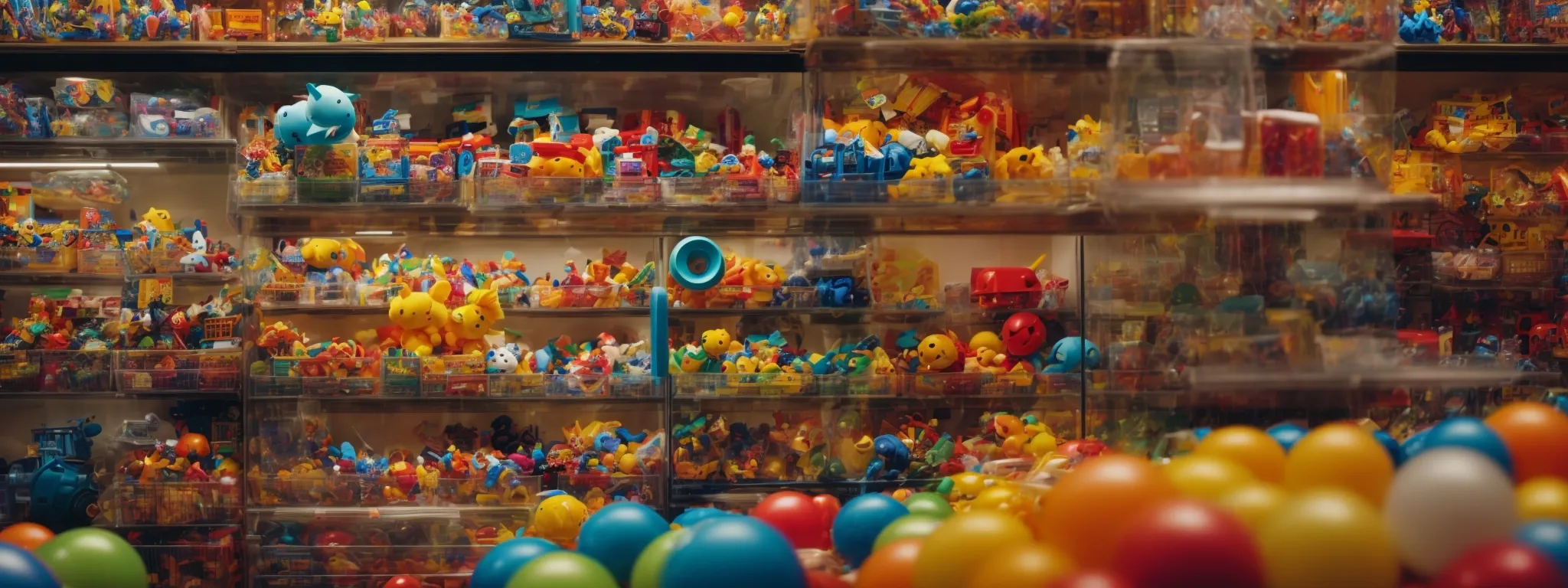 a colorful array of toys neatly displayed on shelves in a bright, organized toy store.