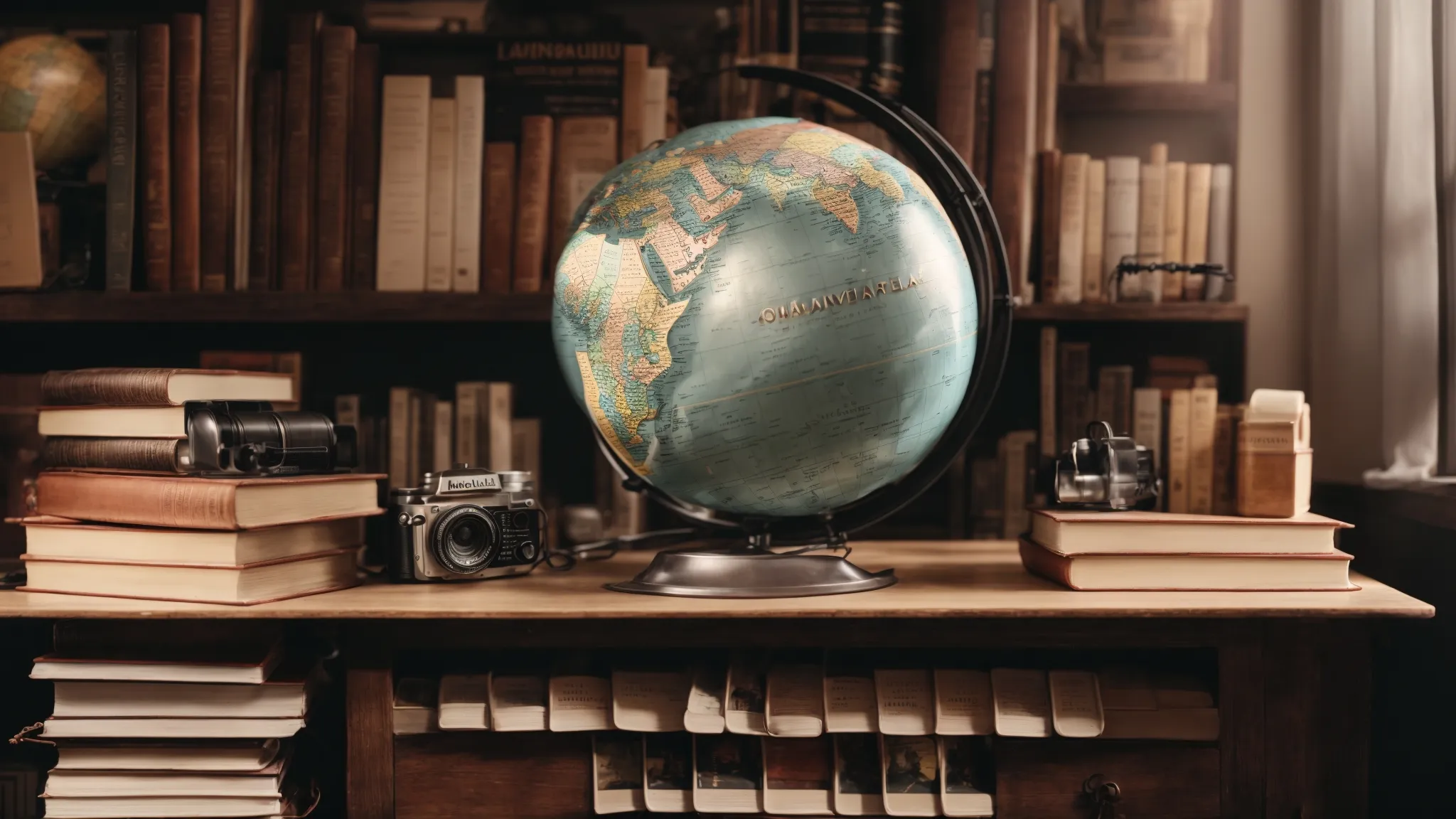 a globe surrounded by various language dictionaries and a computer displaying a world map search interface.