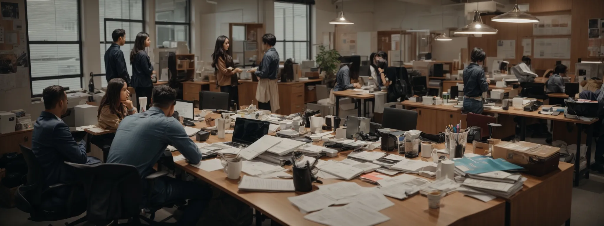 a bustling startup office with team members brainstorming around a cluttered table strewn with marketing materials.